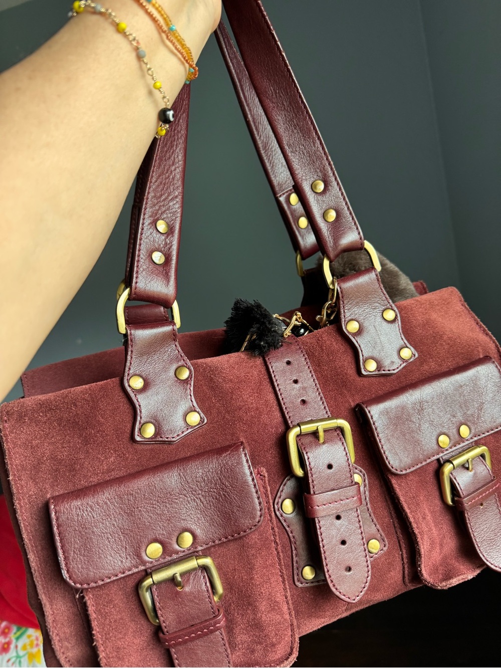 Burgundy Suede & Leather Satchel Tote with Gold Hardware - Picture 4 of 16
